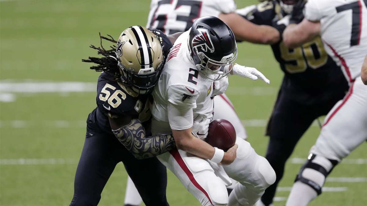 New Orleans Saints LB Demario Davis (56) sacks former Atlanta Falcons QB Matt Ryan (2). Credit: atlantafalcons.com 